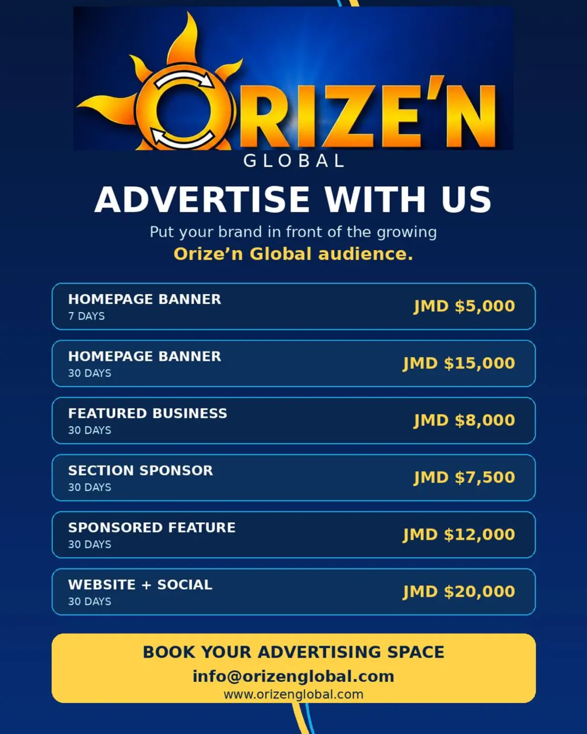 Orize’n Global advertising-space rates
