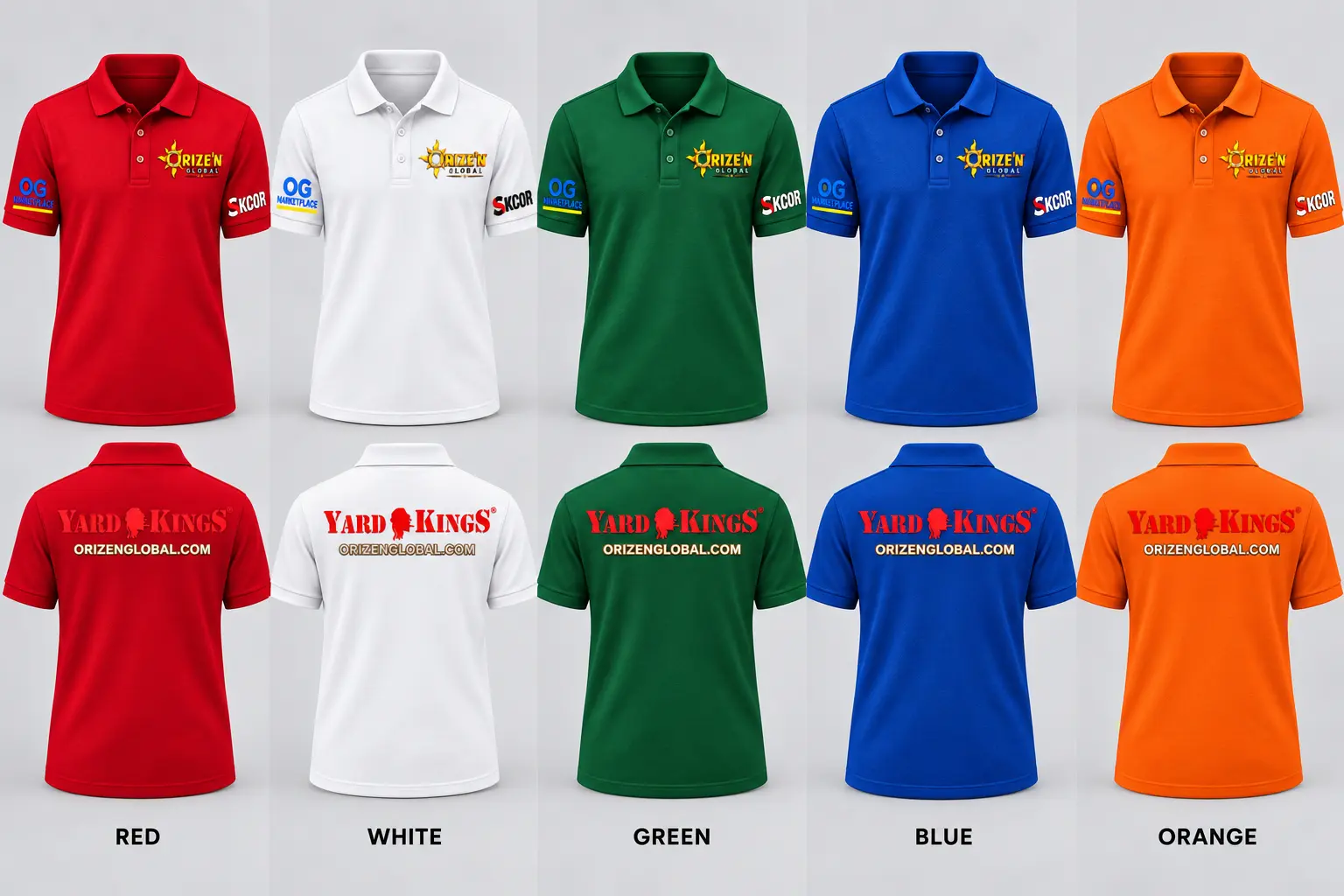 Orize’n Global polo shirt collection in red, white, green, blue and orange