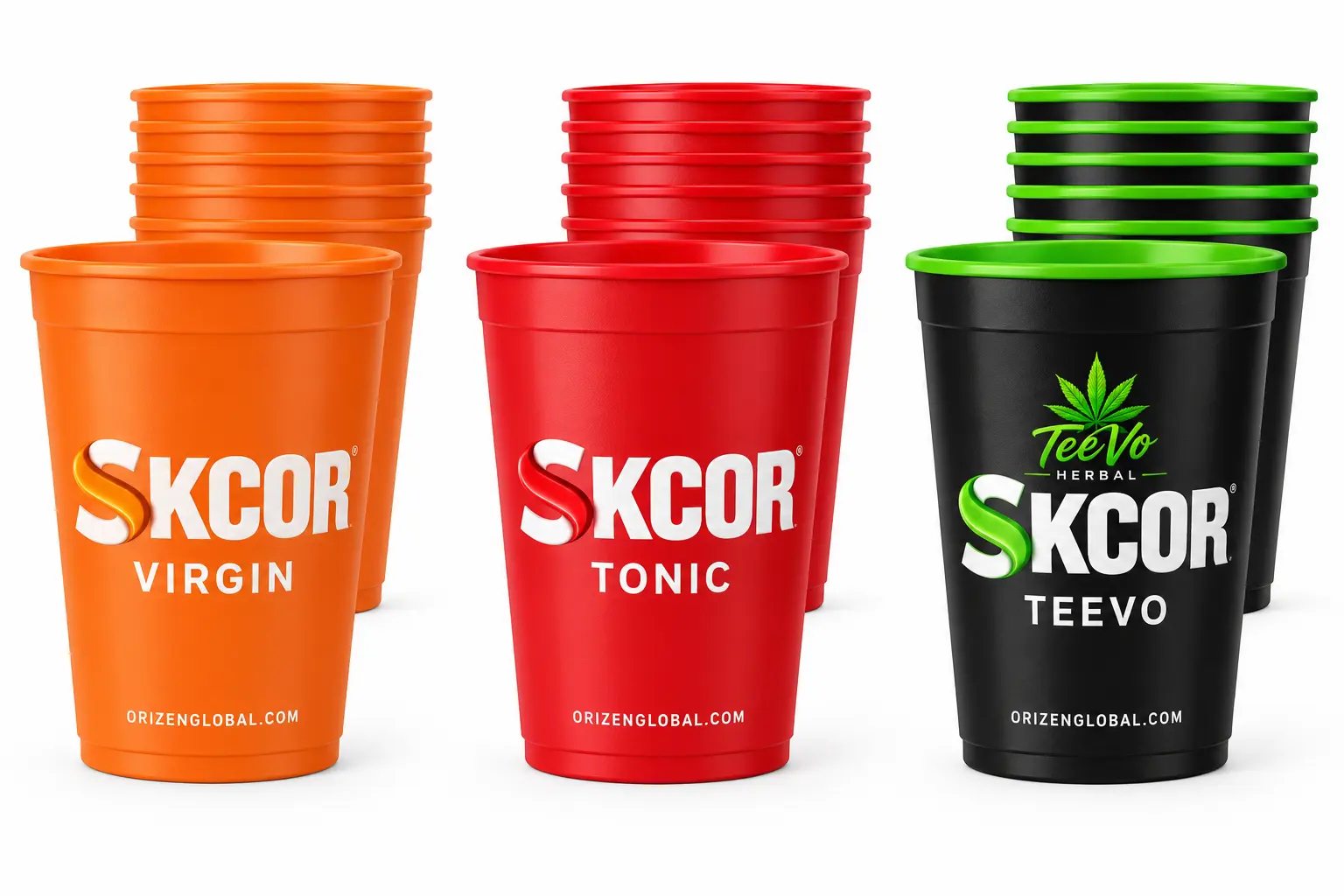 Orange, red and green SKCOR plastic party cups