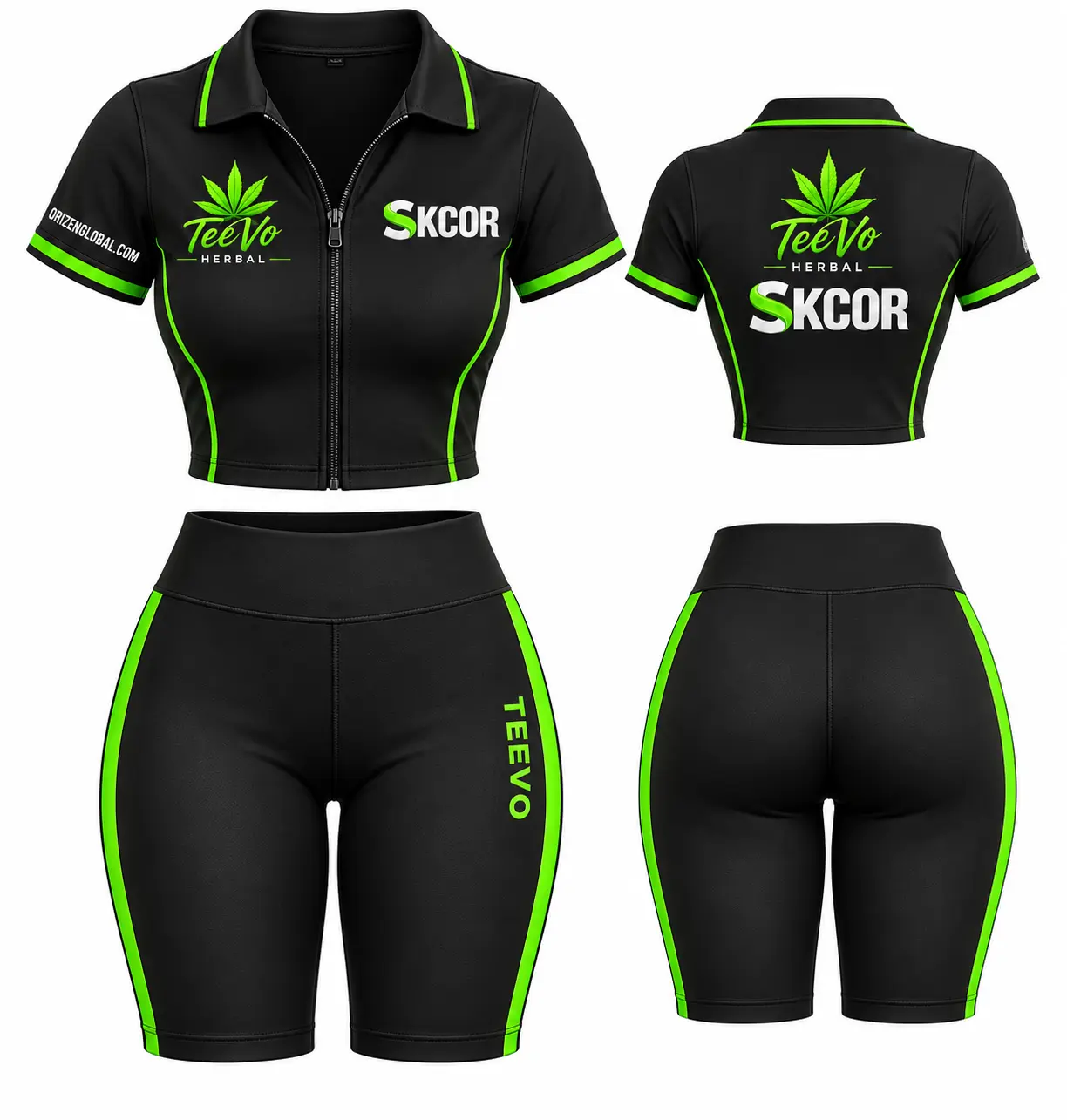 SKCOR TeeVo women’s short black-and-green outfit