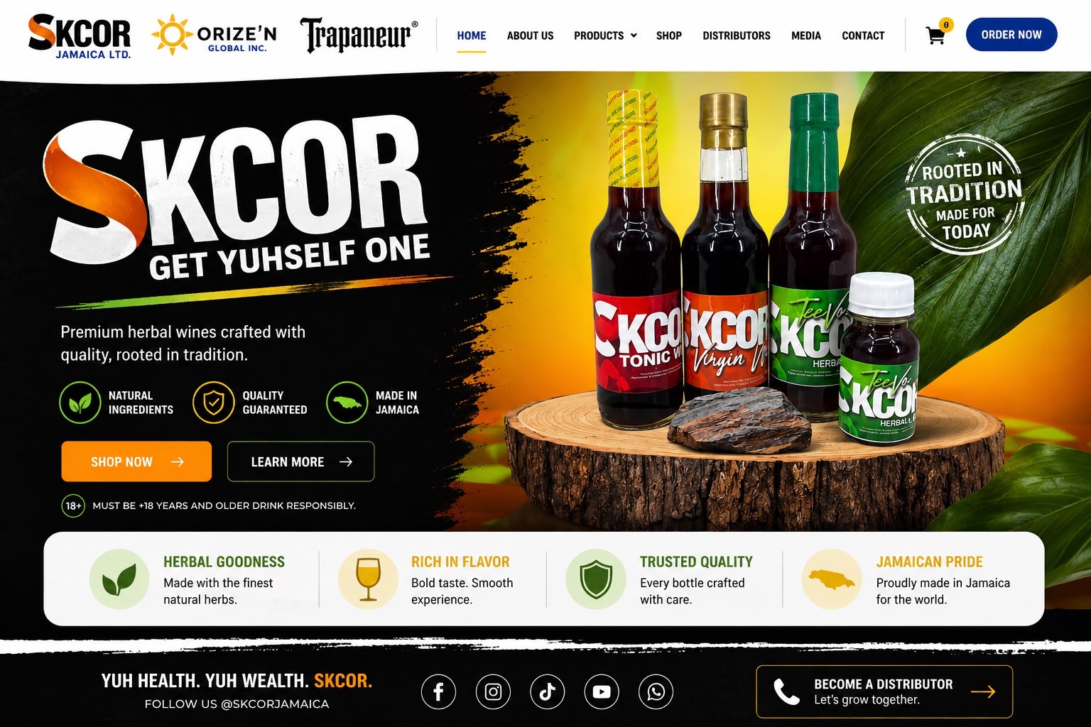 SKCOR Jamaica premium herbal wines homepage showing Tonic Wine, Virgin Wine and Teevo Herbal Wine.